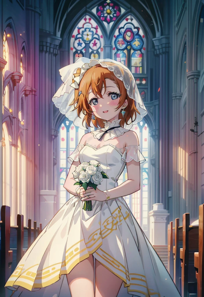 Highest quality, masterpiece, High resolution, alone, {Honoka Takasaka　lovelive:1.15}, blue eyes, Orange Hair,short hair ,blush,happy smile, smile, Open your mouth,Wedding dress,Veil,bouquet,　　　　　　　　　　　　 
 break looking at viewer, whole body,(Cowboy Shot:1. 5) 　　　　　　　　　　　　　　　　　　　break indoors, Chapel,church, 　　　　　　　　　　　break (masterpiece:1.2), Highest quality, High resolution, unity 8k wallpaper, (shape:0.8), (Beautiful attention to detail:1.6), Highly detailed face, Perfect lighting, Extremely detailed CG, (Perfect hands, Perfect Anatomy),