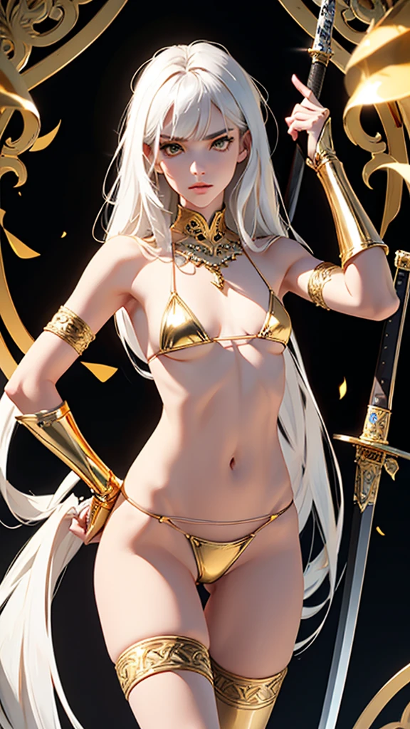 (lifelike, high - resolution:1.3), 1 girl with a slender body, slender body, Super fine face and eyes,( golden color eyes), smokey look, annoyed, full lips, tall girl, pale skin, dark makeup, shiny skin, blunt bangs, very long white hair, (ebony micro bikini armor, metal bikini, small breasts, gold trim),small breasts,, (gauntlets, thigh high greaves, intricate curved sword, gold trim) , wielding sword, shiny skin, narrow hips, skinny, flat chest, long torso