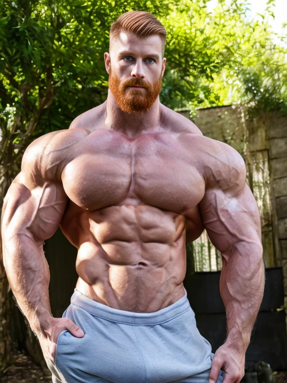 hyper massive muscles, extraordinary attractive European man with blue eyes, (handsome:1.5), (gorgeous:1.6), (beautiful:1.3), ginger, short hair, rugged, park, sunny day, (ginger:1.0), (defined muscles:1.5), extraordinarily large muscular build, huge bodybuilder. Hyper-realistic lighting and shadows accentuate the masculine contours, creating a sense of depth and volume that draws the eye directly to the prominent bulge straining against the grey sweatpants (bulge detail: 1.6). The overall scene exudes a raw, primal sensuality. unproportionally huge and oversized chest pecs. Flexes his muscles and with each flex his bulge and muscles grow bigger