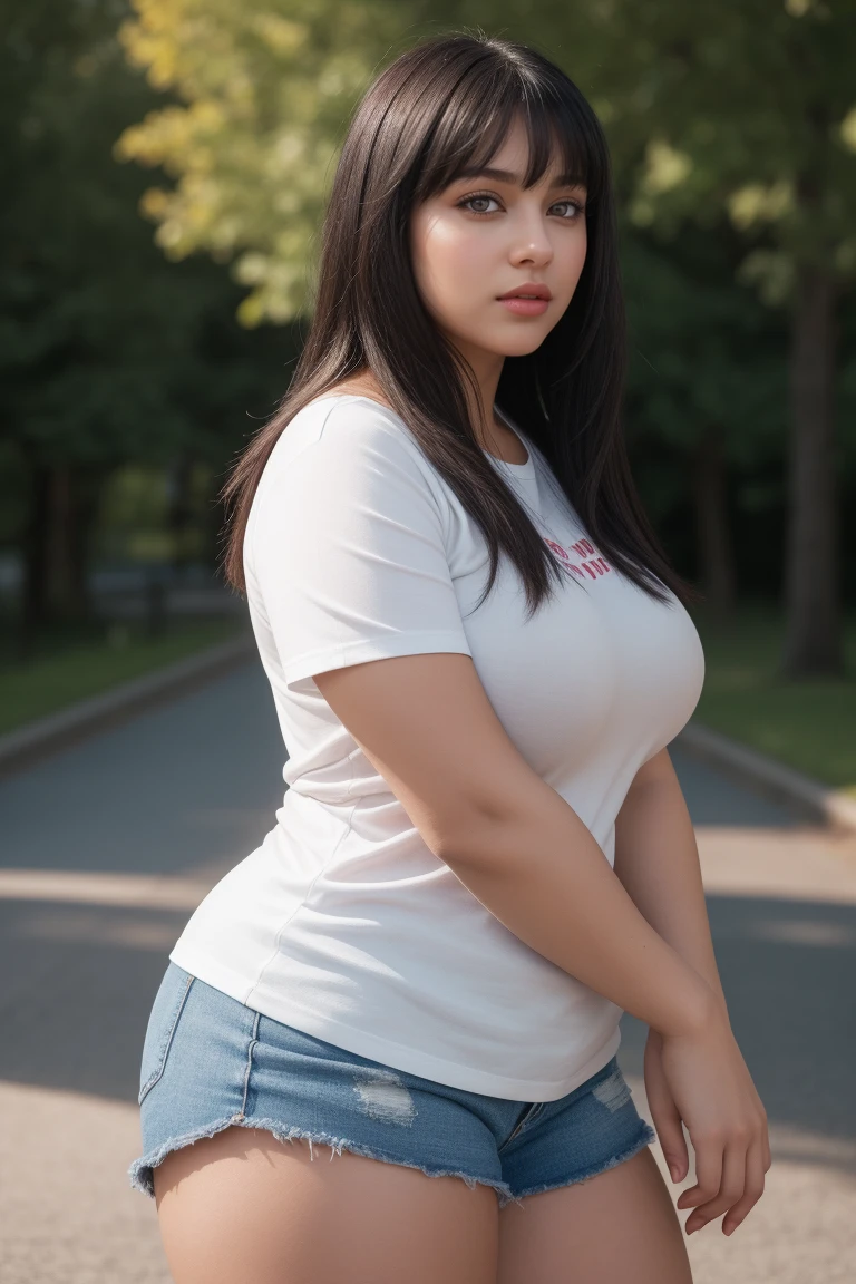 (girl:1.2),alone, Beautiful light-skinned woman, European traits, beautiful and detailed eyes, long black hair with short bangs, huge tits, athletic and curvy body, shirt, miniskirt, thick thighs(photorealistic:1.4), (photo and gross) (photo and gross) (8k, 4k, Best Quality, high resolution, 超Una high resolution:1.1), (Mesa, realist, photorealistic:1.1)
