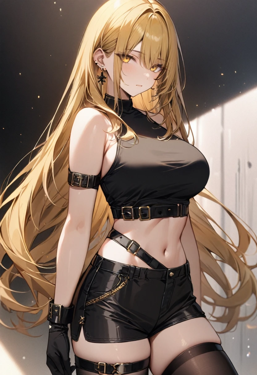 masterpiece, best quality, 1girl, solo, adult, right hair is white and left hair is black, long hair, earrings, gold yellow eyes, detailed face, black crop top, large breasts, shorts, stocking, arm belt, infront of viewer, empty look, 