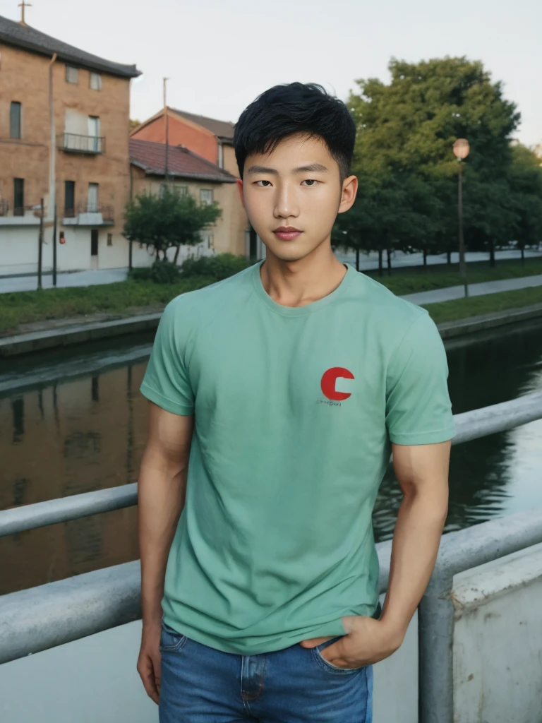 ((realistic daylight)) , Young Korean man in a green t-shirt Denim shirt, jeans, A handsome, muscular young Asian man looks at the camera. In a simple t-shirt blue and red , Along the canal ,turn sideways
