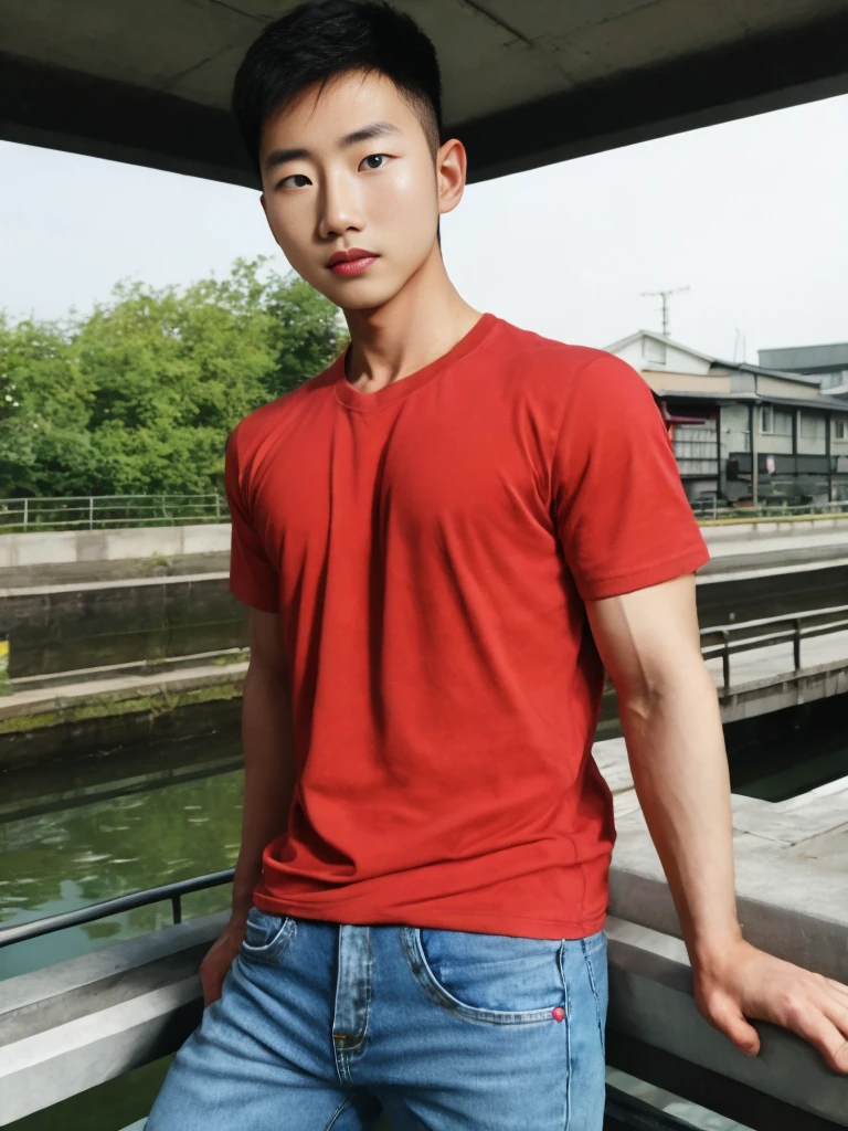 ((realistic daylight)) , Young Korean man in a green t-shirt Denim shirt, jeans, A handsome, muscular young Asian man looks at the camera. In a simple t-shirt blue and red , Along the canal ,turn sideways