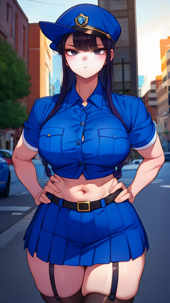 a cartoon character in a sexy suit posing on the street with a bush, police officer, police uniform, 1 girl, police woman, shirt, skirt, hat, tie, police cap, blue eyes, gloves, breasts, purple hair very dark, thighs, solo, navel, garter straps, looking at viewer, short sleeves, large breasts, underwear, miniskirt, midriff, ass visible through thighs, panties, outdoors, indentation, braid, hand in hand hip, belt, black skirt, uniform, collared shirt, frown, thigh highs, peaked cap, crop top, black panties, blue shirt, chest pocket, V-shaped eyebrows, Eiko Tsukimi, blue eyes, purple hair very dark baseball cap