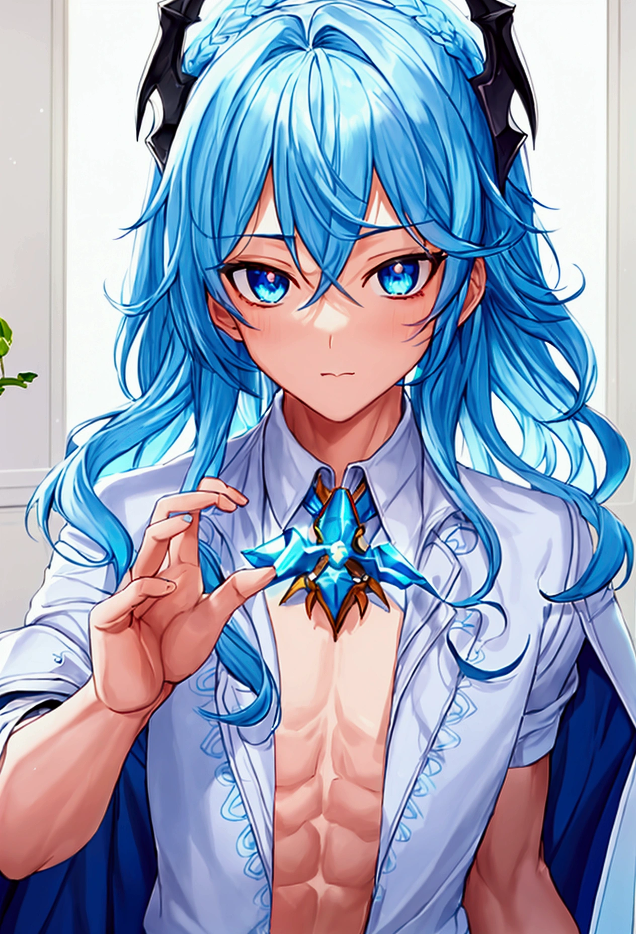 (best quality)), ((masterpiece)), (detailed), perfect face ,2d, 1 boy , well built thin with abs, short wavy hair,light blue hair , one dark blue and one light blue eye , fake light pink skin, light dragon scale near cheeks 90's aesthetic clothes white shirt and blue plant's with blue jacket with light orange design's make it like manhwa charcter