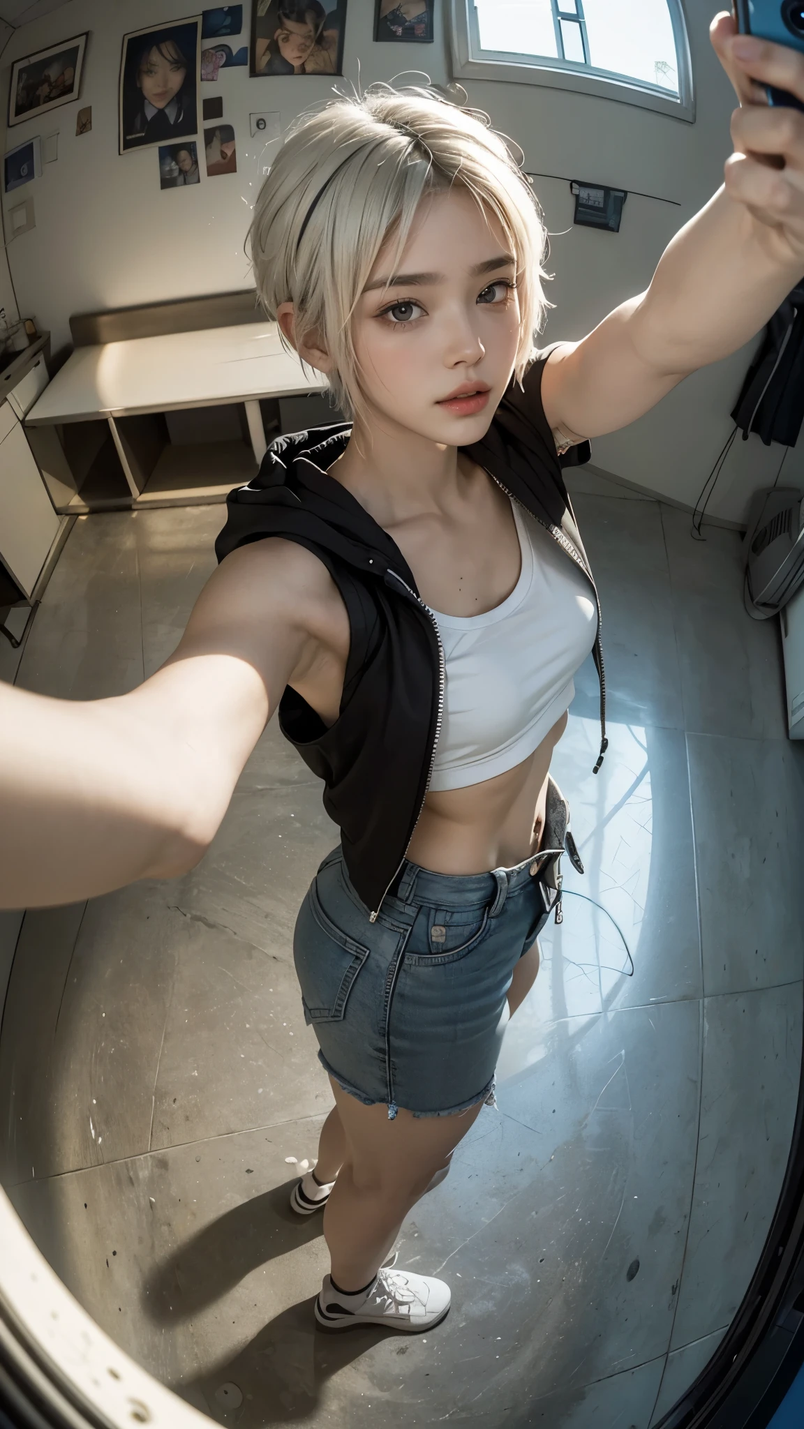 masterpiece, Highest quality, Very detailed, 8K, Realistic, One Girl, alone, ((Facial Up:1.4)),Tomboy, Very detailed face, (Selfie taken from above with a fisheye lens:1.4), Standing in front of a wall covered in hip hop graffiti, Pixie cut white hair, He is wearing a short tank top and an open-zipped hoodie...,I can see your chest,Nice ass,Wear a New Era cap,Look forward
