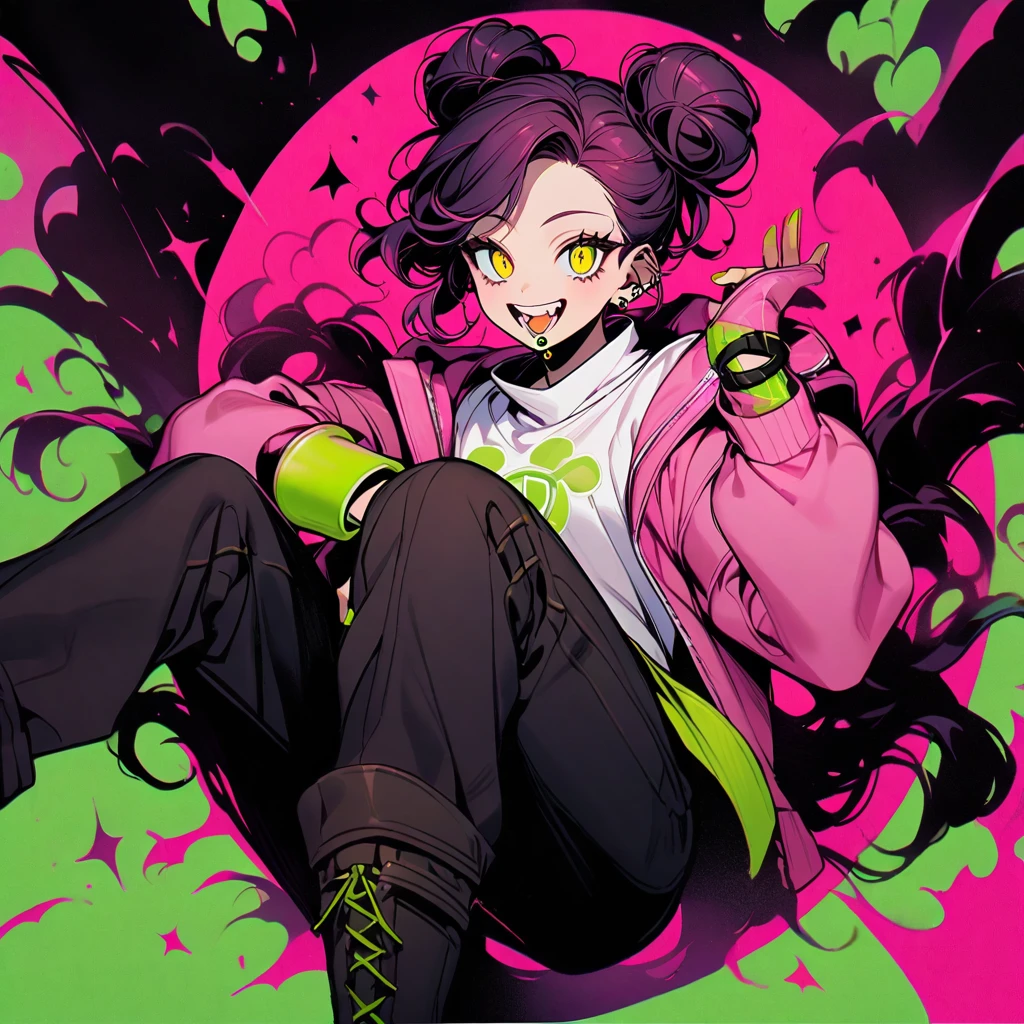 (well done: 1) man, dark pink long curly hair tied in a bun, yellow eyes, mouth piercing, green bracelet, green nails, white t-shirt with a symbol in the middle, pink jacket, black pants, high boots.