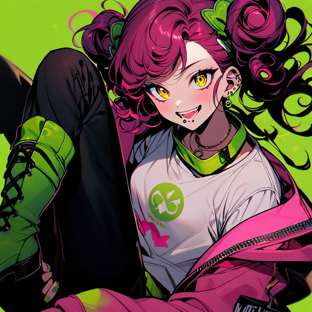 (well done: 1) man, dark pink long curly hair tied in a bun, yellow eyes, mouth piercing, green bracelet, green nails, white t-shirt with a symbol in the middle, pink jacket, black pants, high boots.