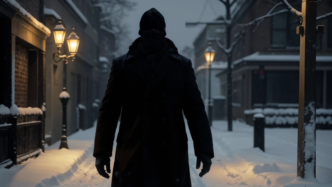 A man stands under a flickering street lamp in a snowy, dark path. The figure he approaches has no facial features, just a smooth, blank expanse of skin where eyes, nose, and mouth should be. The faceless man asks for a light, creating a chilling, eerie scene. Snow continues to fall, adding to the unsettling atmosphere