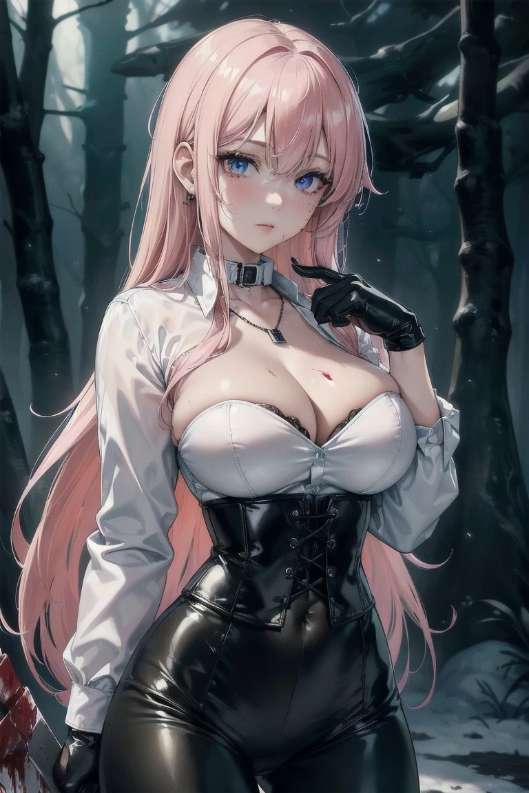 ((Blood droplets)), ((Blood)), ((Blood splatter)), ((Blood on clothes)) ((Blood stain)), masterpiece, Excellent image quality, high resolution, 4k image,Photos and total, Reality, whole body, Vision, 1 youth, {{{}}}, Large Breasts, Prce, Long blond hair, blue eyes, Very detailed eyes, Pink cheeks, Shy expression, Necklace:1.6, (White collar button down long se shirt), Black gloves, Gloves that cover both hands, (Axe in his right hand), (Black leather bustier), (Shiny black leggings), Sexy lips, Show the dels in the eyes, Front view, Looking at the audience, Dark forest trail, night, atmosphere, FOG