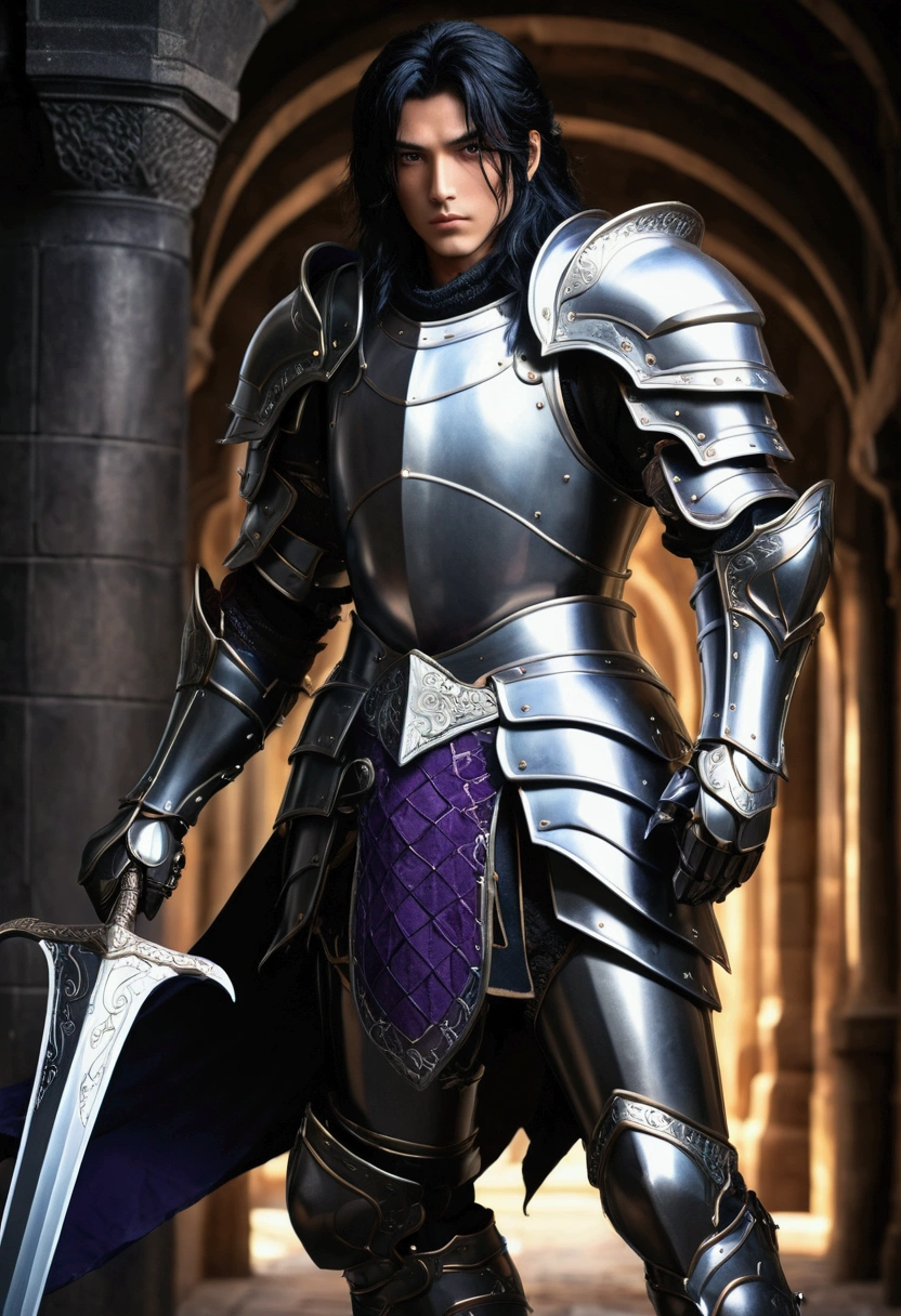 a handsome noble knight, detailed armor, long black hair tieded, purple eyes, grey and black clothes, elbow protectors, knee protectors, hand armor, leg armor, fantasy world, (best quality,4k,8k,highres,masterpiece:1.2),ultra-detailed,(2 dimension art, photo,photo-anime:1.37),intricate details,chiaroscuro lighting,cinematic composition,dramatic lighting,dark fantasy,moody atmosphere,rich colors, fantasy,