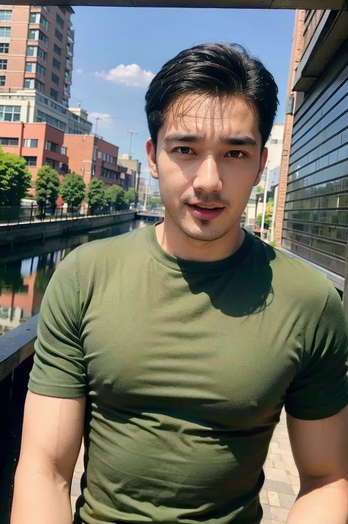 ((realistic daylight)) , Young Korean man in a green t-shirt Denim shirt, jeans, A handsome, muscular young Asian man looks at the camera. In a simple t-shirt blue and red , Along the canal ,turn sideways