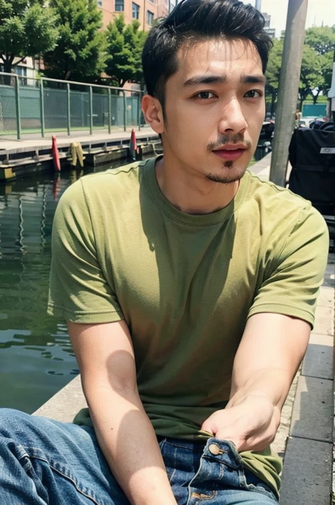 ((realistic daylight)) , Young Korean man in a green t-shirt Denim shirt, jeans, A handsome, muscular young Asian man looks at the camera. In a simple t-shirt blue and red , Along the canal ,turn sideways