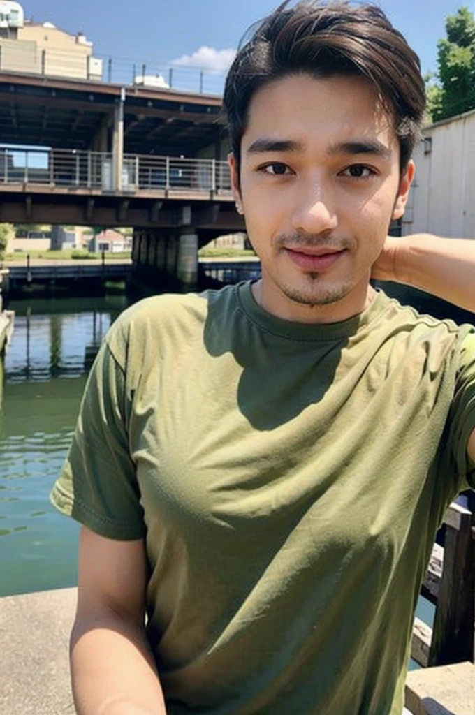 ((realistic daylight)) , Young Korean man in a green t-shirt Denim shirt, jeans, A handsome, muscular young Asian man looks at the camera. In a simple t-shirt blue and red , Along the canal ,turn sideways