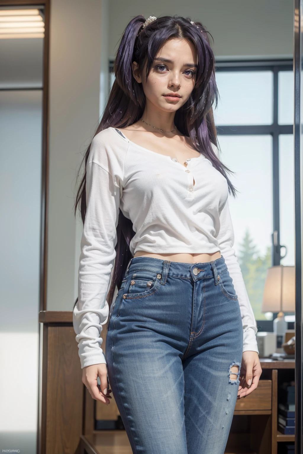 (1 lady), (Best quality at best:1.4), (ultra - detailed), (extremely detailed CG unified 16k), A Beautiful Woman with Perfect Figure: 1.4, Sharp Focus: 1.2, very detailed, High-definition RAW color photo, professional photoshooting, amazing face and eyes, (amazingly beautiful girl), ((masterpiece)), realistic cinematic face, head to feet long wide zoomed out view, full body long view, photorealistic, ((highres)), ((detailed background)), sunset, (ichinose kotomi), gorgeous, extremely beautiful face, perfect model beauty, Highly Detailed Face and Skin Texture, Detailed Eyes, Double Eyelids, ((casual clothes, blue jean, white buttoned shirt, long sleeves)), ((realistic natural purple hair style, purple eyes, long hair, hair ornaments)), tarankaaa, not Dasha Taran, library background, extremely detailed, blurred background, depth of field, cinematic lighting, amazing legs, clear and well-cared skin, athletic, big proportions body, looking at viewer, best hands of the internet, standing