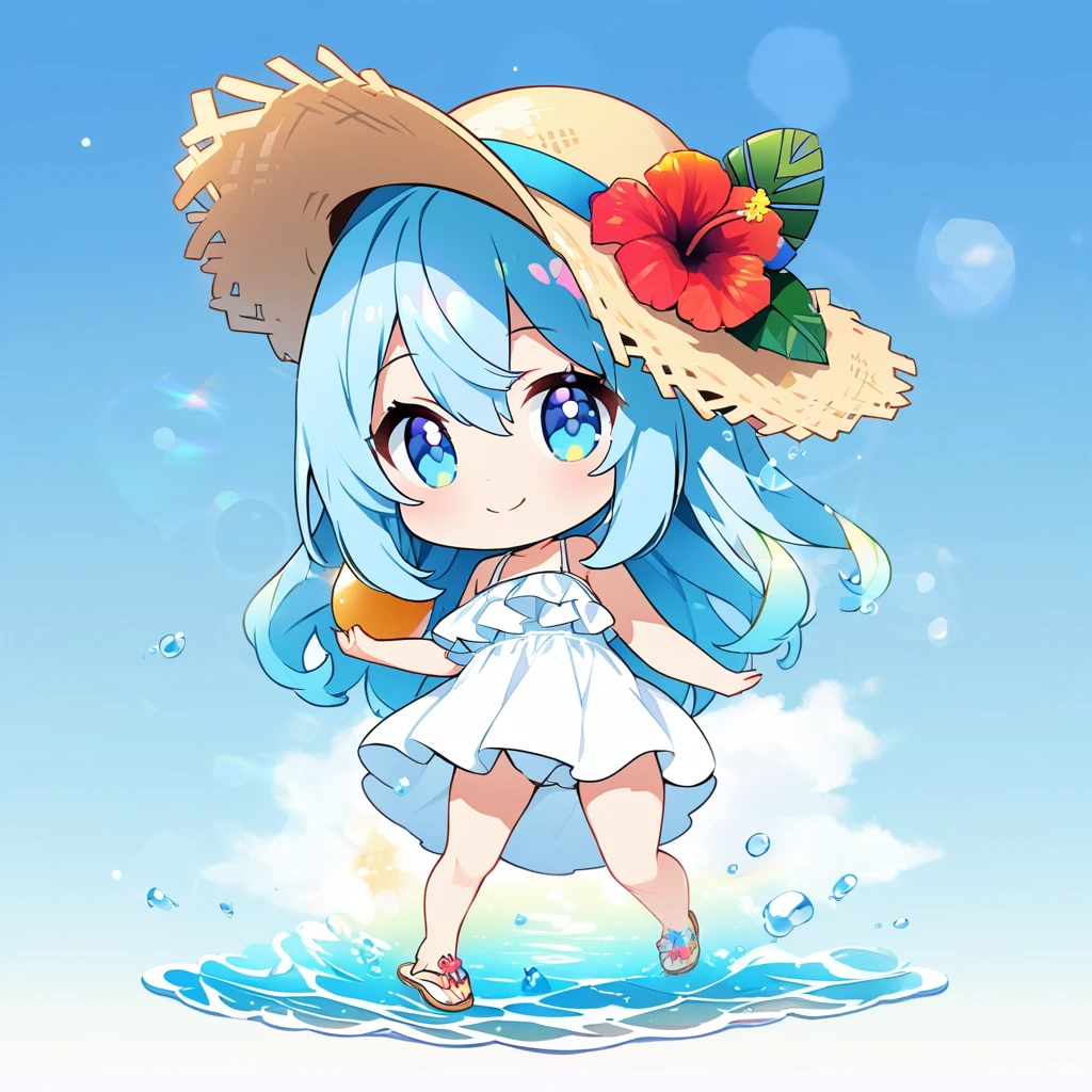 masterpiece, best quality, 4k、2D illustration, one beautiful girl, solo、(((chibi style)))、((vivid colors))、cute chibi, lovely chibi、((colorful))、((long beautiful hair)), glossy light blue hair, hair between eyes, cute, beautifully detailed eyes、((white summer dress))、((straw hat))、hibiscus hair ornament, flip-flops, ((happy smile))、((full body shot))、((summer beach))、((calm sea))、((blue sky))、sunbeam、((lens flare))、((high color saturation)), 