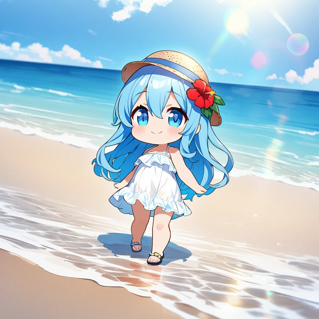 masterpiece, best quality, 4k、2D illustration, one beautiful girl, solo、(((chibi style)))、((vivid colors))、cute chibi, lovely chibi、((colorful))、((long beautiful hair)), glossy light blue hair, hair between eyes, cute, beautifully detailed eyes、((white summer dress))、((straw hat))、hibiscus hair ornament, flip-flops, ((happy smile))、((full body shot))、((summer beach))、((calm sea))、((blue sky))、sunbeam、((lens flare))、((high color saturation)),