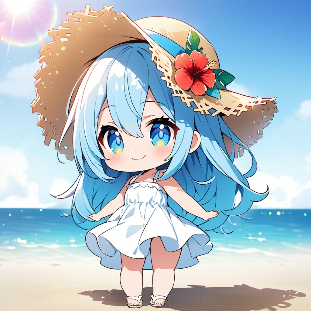 masterpiece, best quality, 4k、2D illustration, one beautiful girl, solo、(((chibi style)))、((vivid colors))、cute chibi, lovely chibi、((colorful))、((long beautiful hair)), glossy light blue hair, hair between eyes, cute, beautifully detailed eyes、((white summer dress))、((straw hat))、hibiscus hair ornament, flip-flops, ((happy smile))、((full body shot))、((summer beach))、((calm sea))、((blue sky))、sunbeam、((lens flare))、((high color saturation)), 