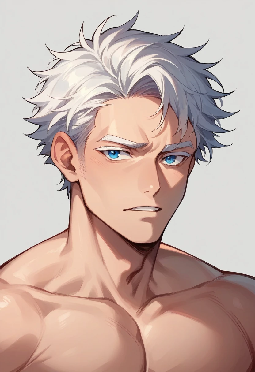 hot anime man, skin fair, super bright blue eyes, white eyelashes, messy white hair