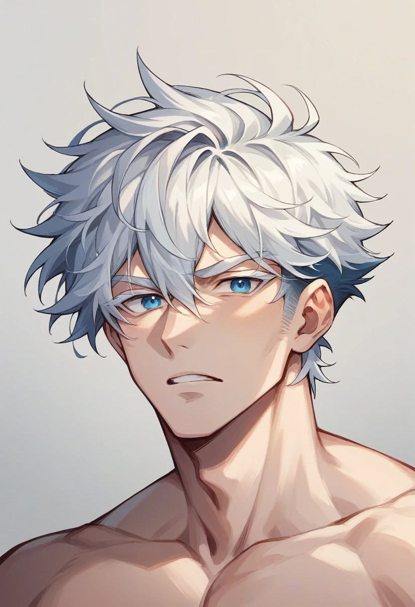 hot anime man, skin fair, super bright blue eyes, white eyelashes, messy white hair