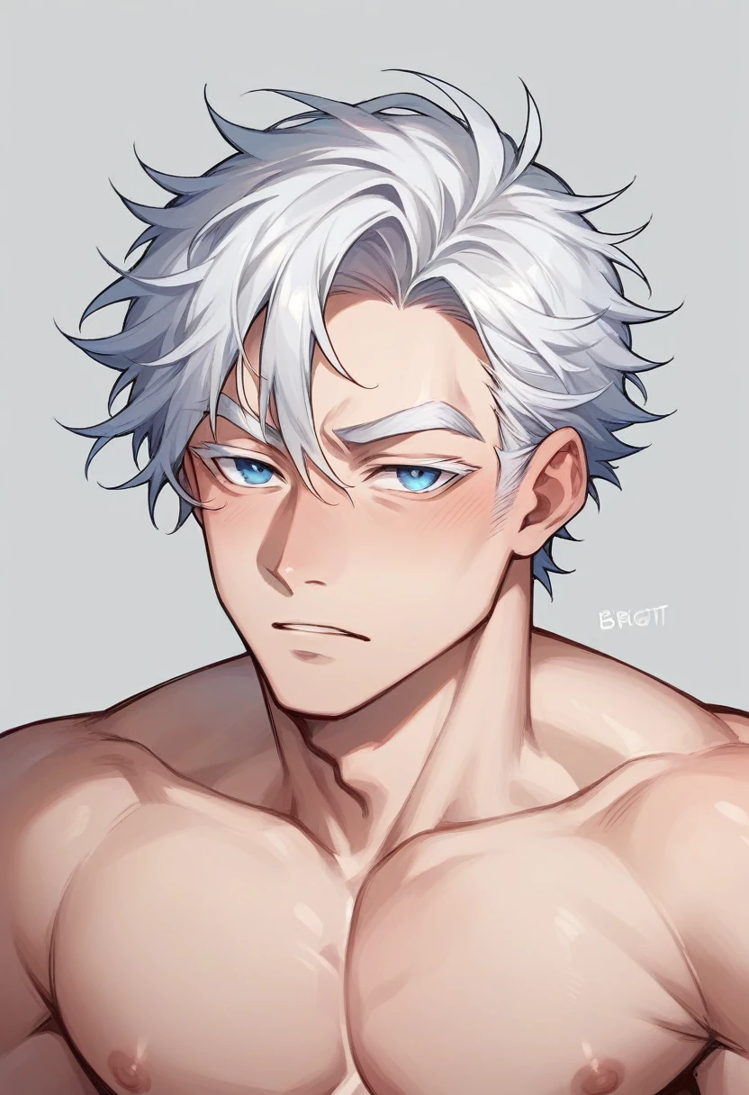 hot anime man, skin fair, super bright blue eyes, white eyelashes, messy white hair