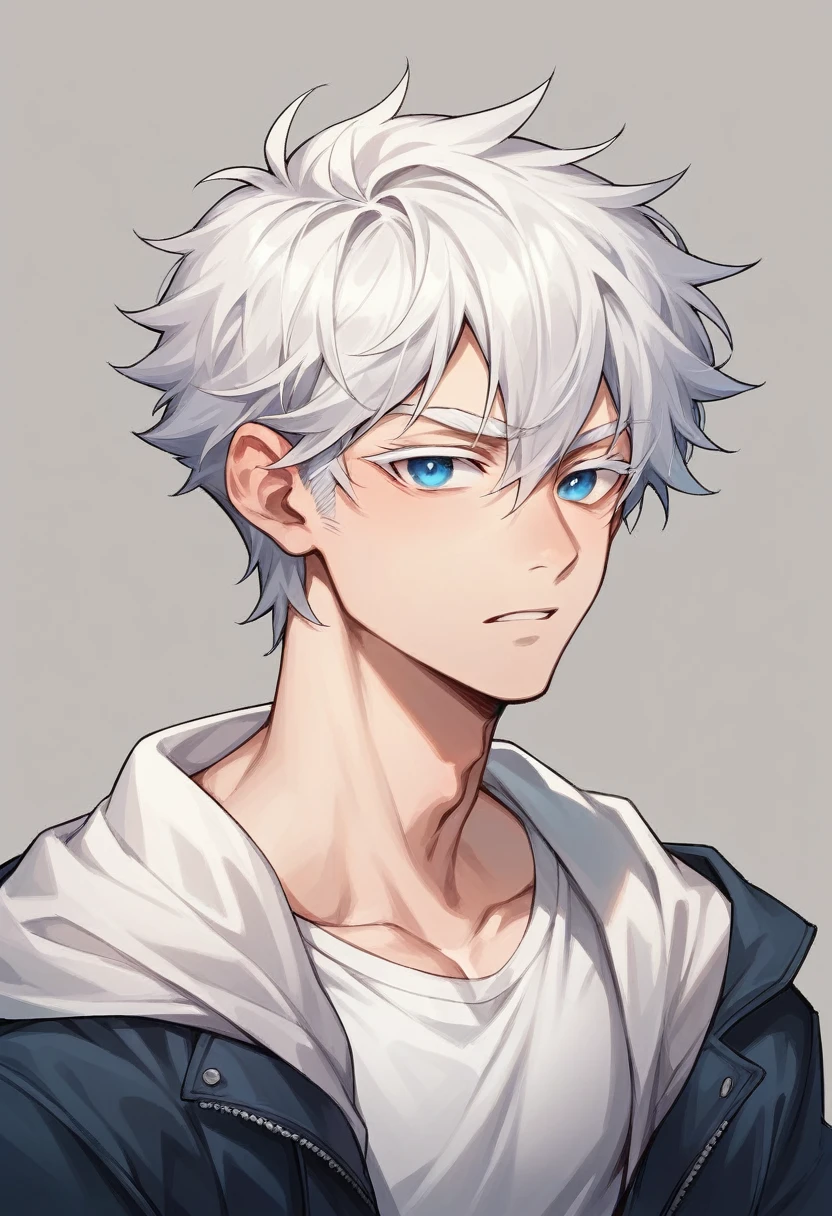 hot anime man, skin fair, super bright blue eyes, white eyelashes, messy white hair