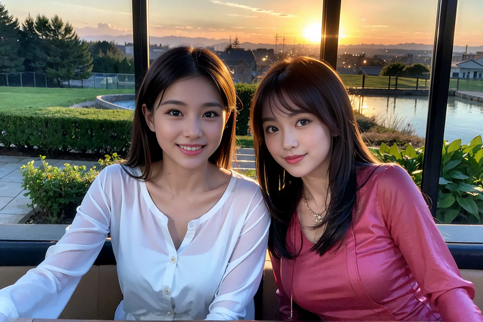 ((Highest quality、、masterpiece:1.3))、1 male、1 female,36 years old 39 years old、Put the light on my face、Slim Beauty、Beautiful couple、Upper Body、smile、 (Slim face), (the body is スリム), (Brown Hair), (Shortcuts), テーブルのフルコースディナーとwine glass、Amazing view of the sunset sky and clouds、smileの美しさ、Wine bottle、sparkling wine、Long sleeve shirt、dress、White wine, red wine, wine glass, Beautiful fine grain, Depth f/2,saturation, High Contrast, Strong light and shadow,Moist Body:1.5、 texture、The hair is very shiny、