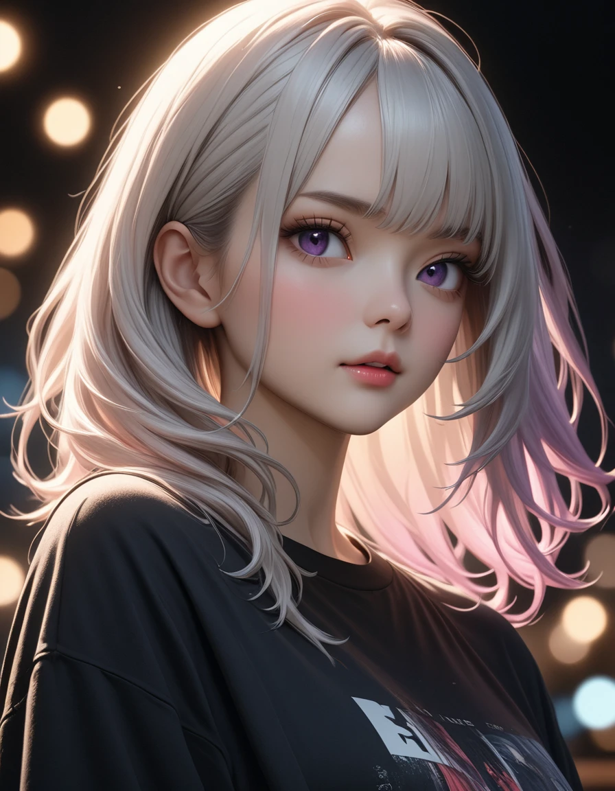 best quality, masterpiece, high resolution, A girl, white hair, purple eyes, black shirt Beautiful face, Tyndall effect, lifelike, Dark studio, Side lighting , Bi-color lighting, ( Skin HD:1.2), 8k , Soft lighting, high quality, Volumetric lighting, candid, high resolution, 8k, bokeh, depth of field, female hacker, machine count. photo size 2048×1136