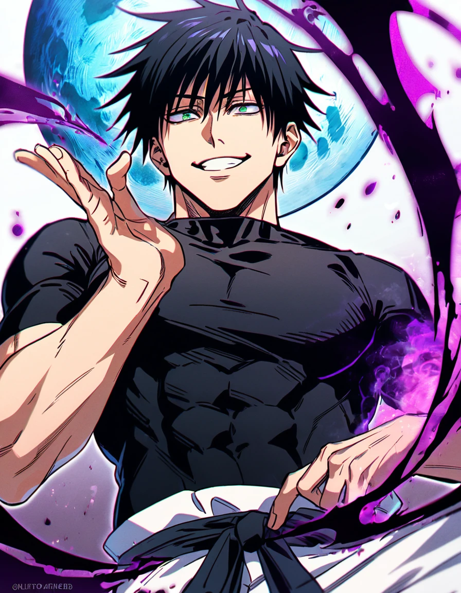 Ultra detailed, HDR, Highres, absurdres, master piece, Fushiguro Touji, black hair, expressive green eyes, Jujutsu Kaisen, handsome, sexy man, solo, black tight shirt, purple aura, handsome smile, best quality, blue moon, 8K, white baggy pants, giving a sharp smile, giving chills to the enemy in a serious way