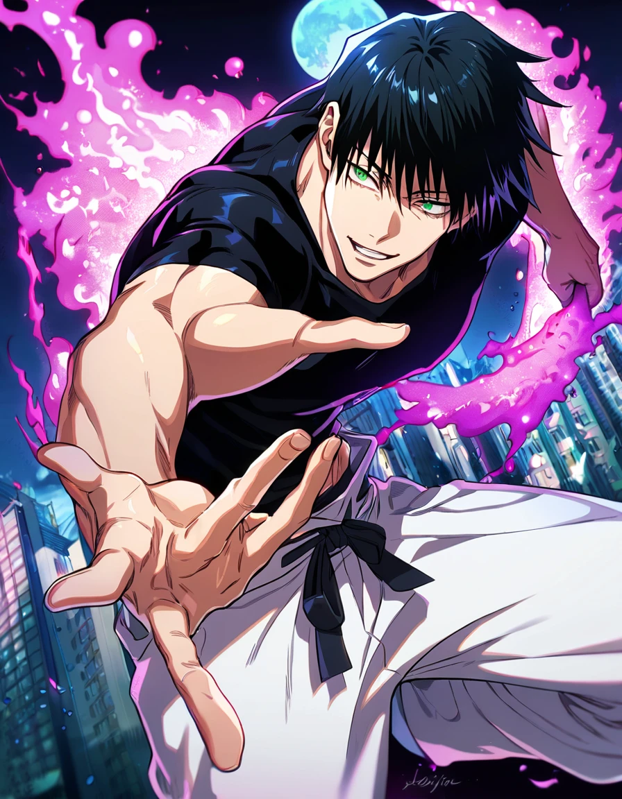Ultra detailed, HDR, Highres, absurdres, master piece, Fushiguro Touji, black hair, expressive green eyes, Jujutsu Kaisen, handsome, sexy man, solo, black tight shirt, purple aura, handsome smile, best quality, blue moon, 8K, white baggy pants, giving a sharp smile, giving chills to the enemy in a serious way, hd quality, high end pixels, jujutsu kaisen anime style