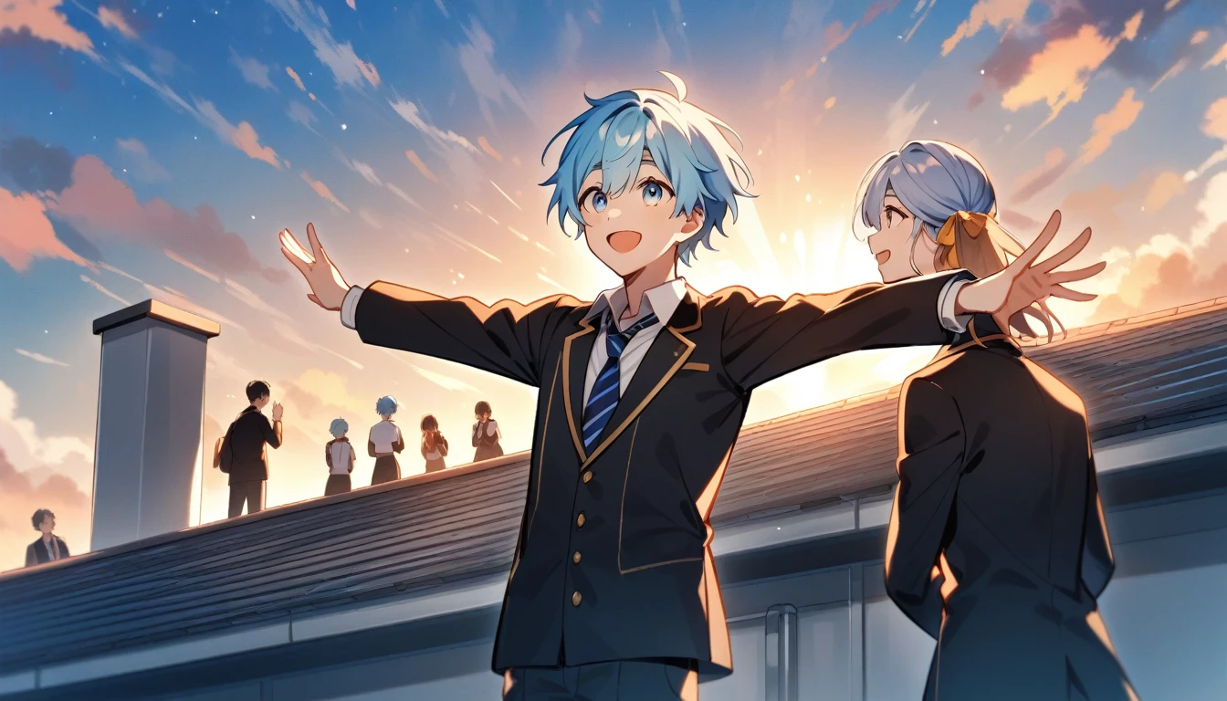 only one people, high school young man, , light blue hair, silver eyes, black eyebrows, school rooftop, arms outstretched, look up at the sky and smile and shout