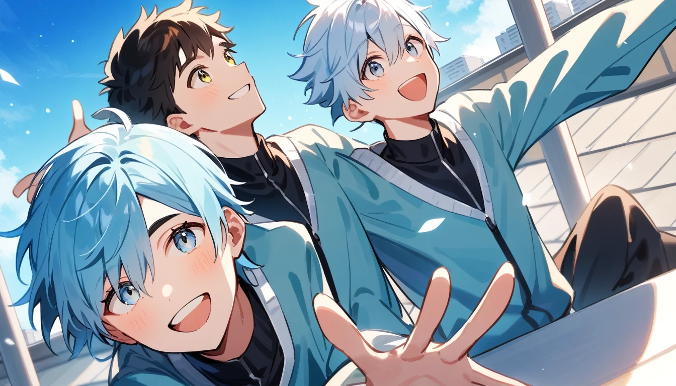only one people, high school young man, , light blue hair, silver eyes, black eyebrows, school rooftop, arms outstretched, look up at the sky and smile and shout