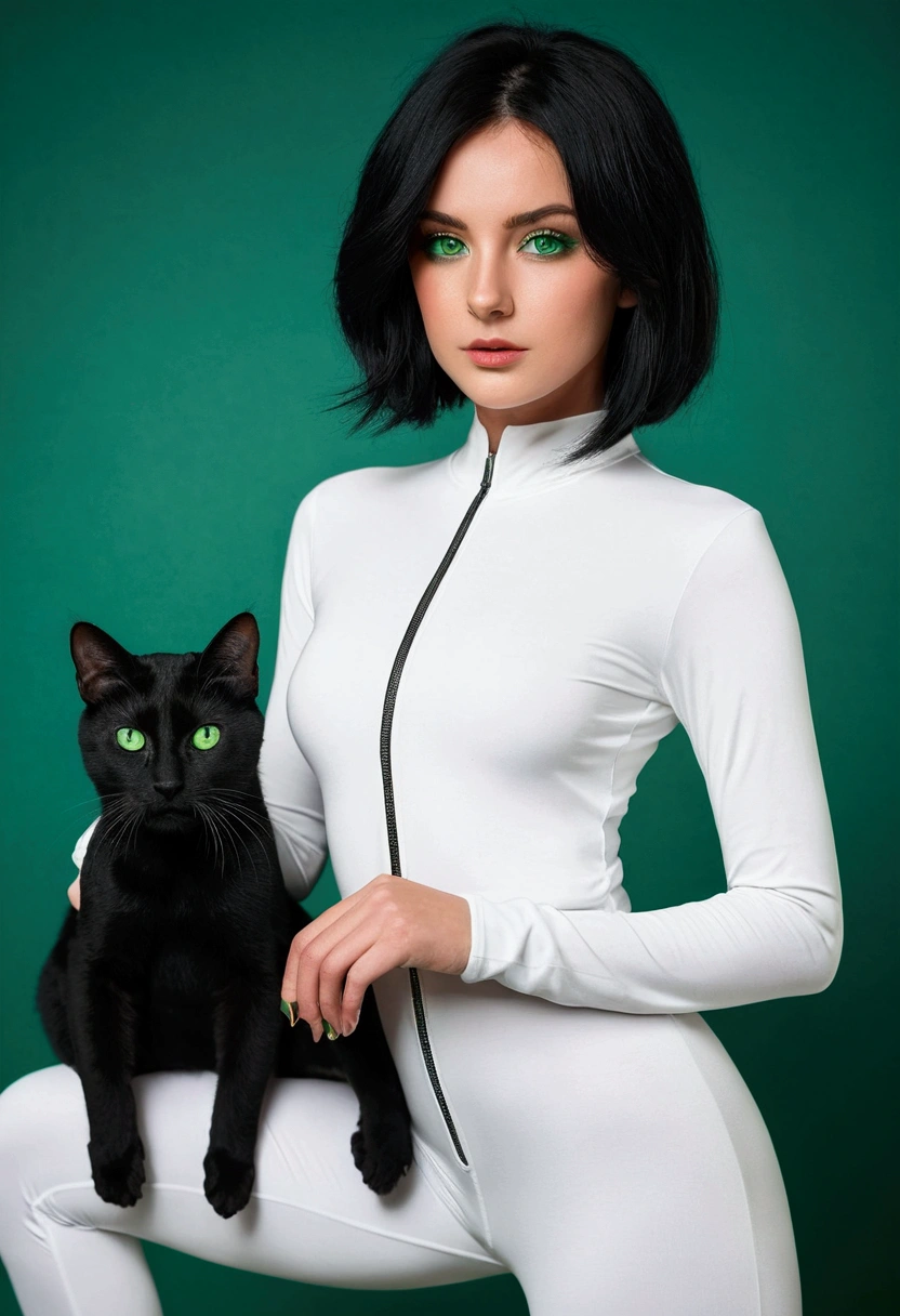 A girl with a feline pose,white tight-fitting jumpsuit open on the front,full picture,black bob hair, green eyes