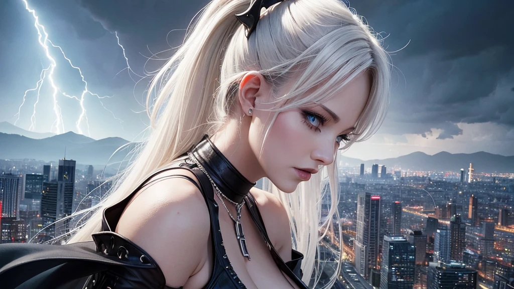 Masterpiece, Doro Pesch, high resolution, perfect body, city behind,night, storm cloudy windy with lightning, ultra detailed, aesthetic, masterpiece, best quality, photorealistic, close up, upper body