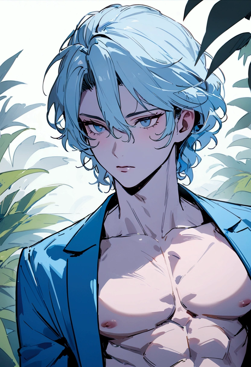 (best quality)), ((masterpiece)), (detailed), perfect face ,2d, 1 boy , well built thin with abs, short wavy hair,light blue hair , one dark blue and one light blue eye , fake light pink skin, light dragon scale near cheeks 90's aesthetic clothes white shirt and blue plant's with blue jacket with light orange design's make it like manhwa charcter