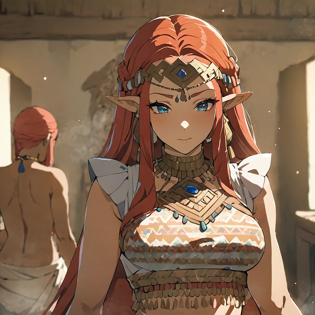 ((Highest quality)), ((masterpiece)), (detailed), （Perfect Face）、The woman is Queen Zelda of the Gerudo tribe, with red hair, blue eyes and brown skin.、The woman is wearing the sexy, see-through traditional costume of the Gerudo tribe.