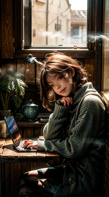 /imagine "A young adult sitting by the window in a cozy cafe, working on a sleek laptop. A steaming cup of coffee in a ceramic mug on the wooden table next to them. Warm sunlight coming through the window, city street view outside, and rustic interior design with green plants and quaint decorations."