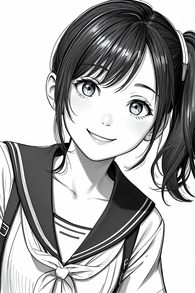 masterpiece,, One Girl, alone, short, White Background, Monochrome, Line art, ((sketch))、Look forward、Wear a sailor uniform、smile、Touching lips、Side Ponytail、Wink、