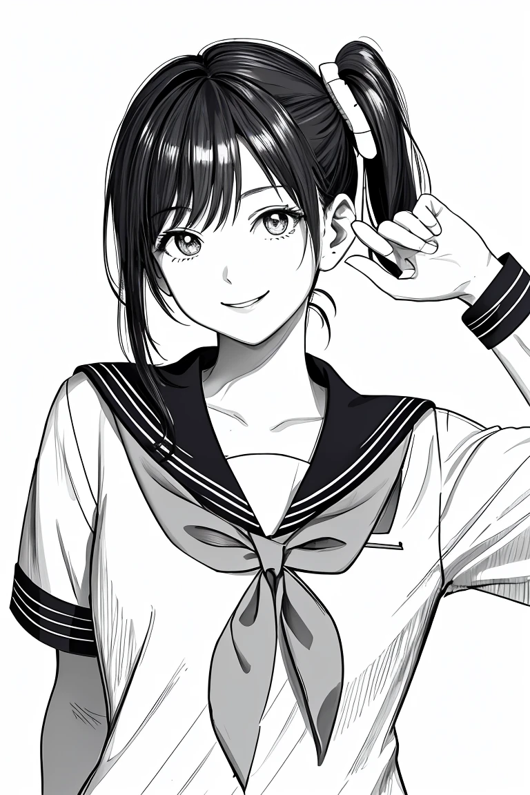 masterpiece,, One Girl, alone, short, White Background, Monochrome, Line art, ((sketch))、Look forward、Wear a sailor uniform、smile、Touching lips、Side Ponytail、Wink、