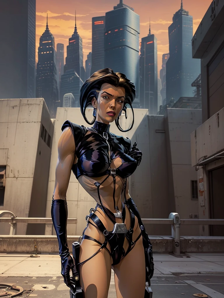 faithful image of Aeon Flux, linda, ultra detalhada, She is STANDING MAKING SENSUAL POSE WITH HAND ON HER WAIST, SHE IS ON THE EDGE OF A TERRACE OF AN ULTRA FUTURISTIC BUILDING, SHE IS POINTING HER FINGER AT THE GROUND LOOKING AT THE CITY, THERE ARE rounded buildings in an abandoned, ultra-futuristic megalopolis city, ORANGE SKY, the city has many metallic buildings with mirrored glass in light colors that reflect the sunlight, alien architecture, the city has shades of metal gray, has beautiful metal structures, dark ultrafuturistic cars on the streets, desert megalopolis, many tall rounded buildings on the horizon, tall futuristic metal buildings, many ultramodern buildings around, as realistic as possible, as detailed as possible, Science fiction, there are 2 planets in the sky through the dense atmosphere, ORANGE SKY
