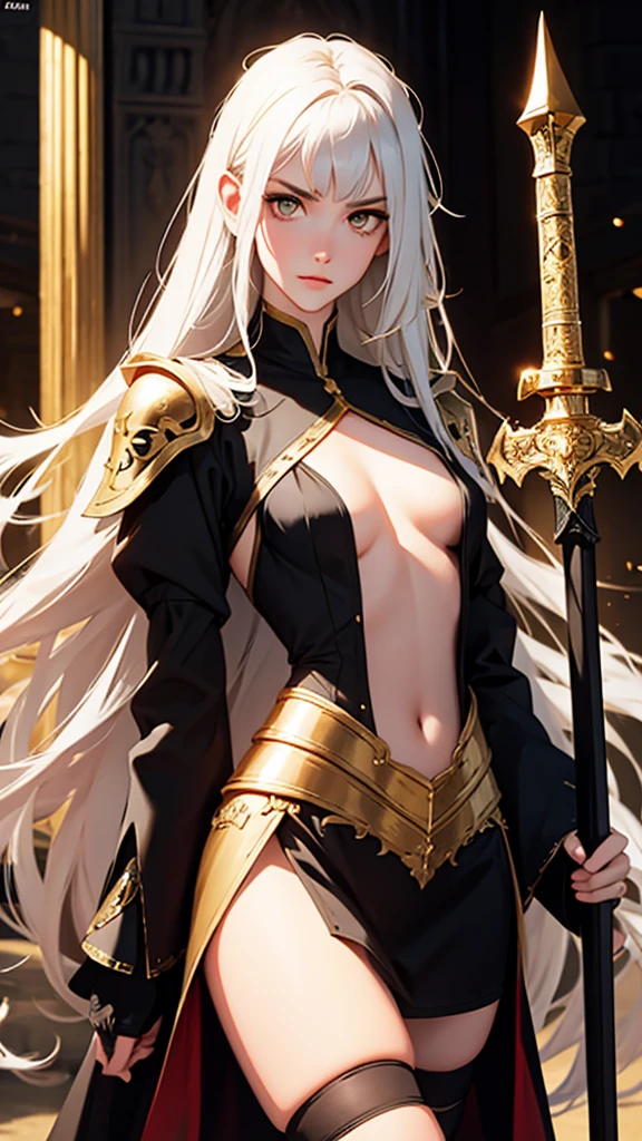 (lifelike, high - resolution:1.3), 1 girl with a slender body, slender body, Super fine face and eyes,( golden color eyes), smokey look, annoyed, full lips, tall girl, pale skin, dark makeup, shiny skin, blunt bangs, very long white hair, (ebony armor, small breasts, gold trim),small breasts,, (gauntlets, thigh high greaves, intricate curved sword, gold trim) , wielding sword, shiny skin, narrow hips, skinny, flat chest