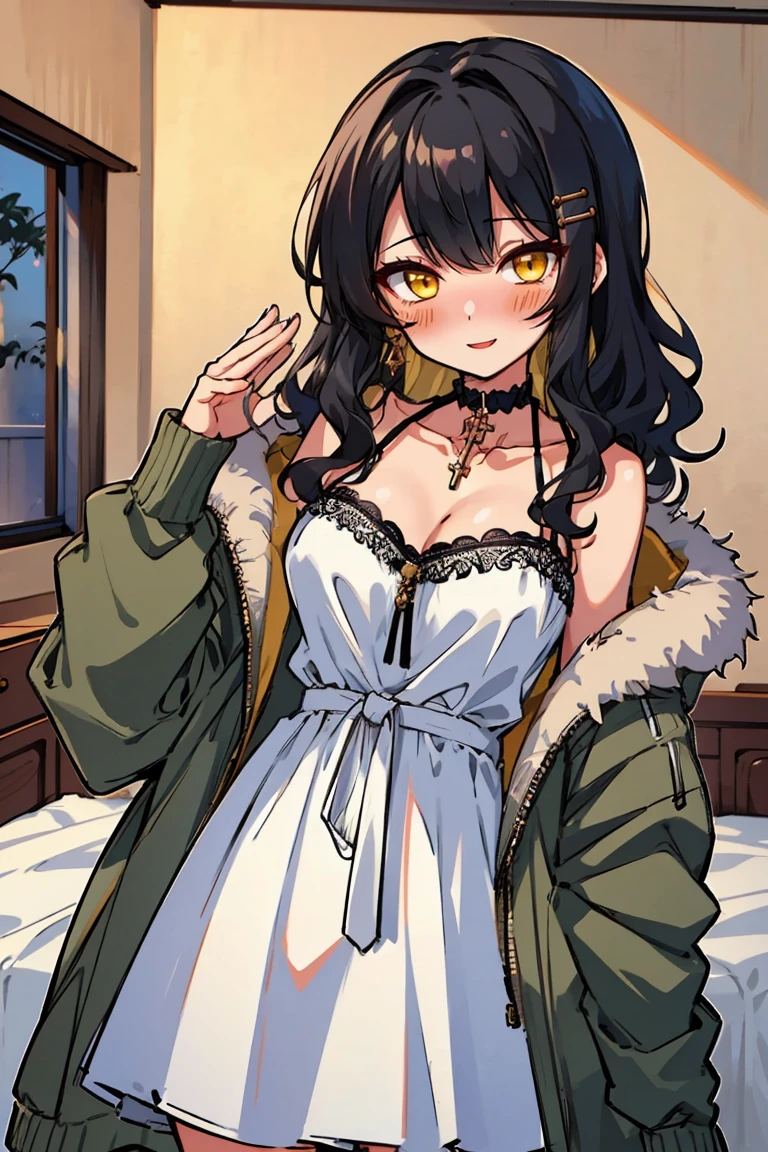 (masterpiece:1.2), (high quality:1.2), (hui xiyi:0.7), rekkyo sensen, rekkyou sensen, girls with((1girl, solo, black hair, yellow eyes, (wavy medium hair, hairclips:1.3), blush, breasts, choker, cleavage, coat, cowboy shot, white lace dress, ribbon waist belt, collar, collarbone, rosary, rosary choker, cross, fur, fur trim, parka, khaki hoodie, green hoodie, hood down, hooded coat, hooded jacket, hoodie, jacket, large breasts, long sleeves, medium breasts, open clothes, open coat,open hoodie, sleeveless, winter clothes, zipper, cleavage, upper body, hand up, waving, palm)), background with((bedroom, room:2.0))