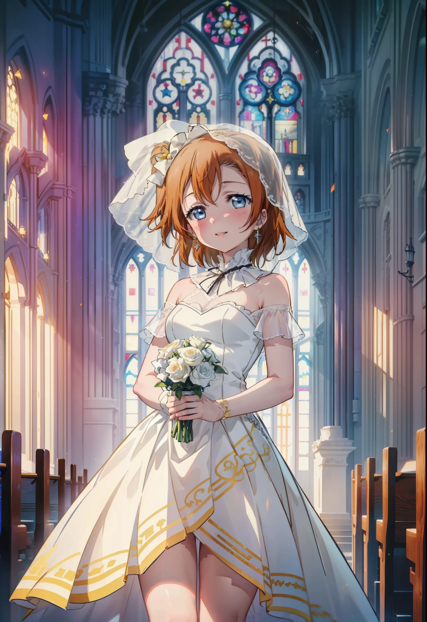 Highest quality, masterpiece, High resolution, alone, {Honoka Takasaka lovelive:1.15}, blue eyes, Orange Hair,short hair ,blush,happy smile, smile, Open your mouth,Wedding dress,Veil,bouquet,
break looking at viewer, whole body,(Cowboy Shot:1. 5) break indoors, Chapel,church, break (masterpiece:1.2), Highest quality, High resolution, unity 8k wallpaper, (shape:0.8), (Beautiful attention to detail:1.6), Highly detailed face, Perfect lighting, Extremely detailed CG, (Perfect hands, Perfect Anatomy),