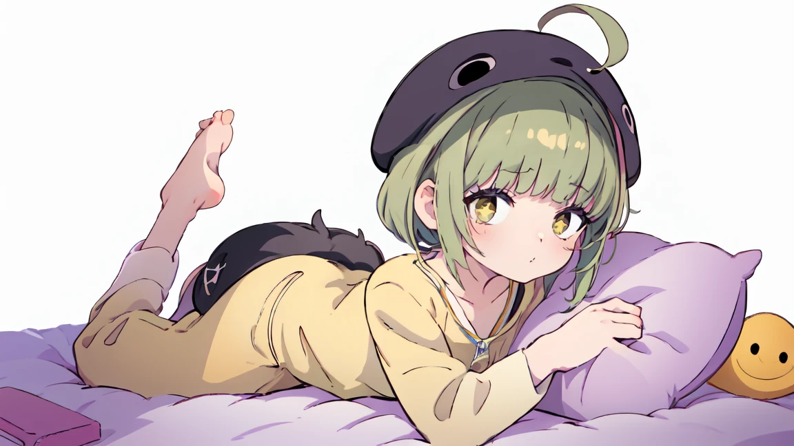 (masterpiece), Short hair, dark green hair, black eyes, laugh, Pajamas, Ahoge, dehisce, bare foot, pillow, black hair, in the stomach, Short hair, bed, Cute drawing style, a troubled expression