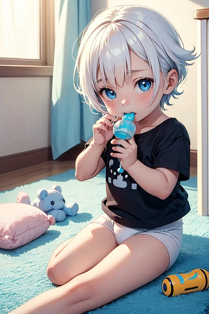 A small white haired boy suckling a pacifier, wearing a diaper and blue baby shirt, playing with baby toys. Pacifier, baby toys, plushies, blue eyes, carpeted room, high quality, nursery room, cute