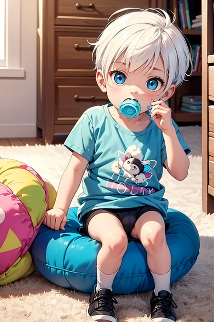 A small white haired boy suckling a pacifier, wearing a diaper and blue baby shirt, playing with baby toys. Pacifier, baby toys, plushies, blue eyes, carpeted room, high quality, nursery room, cute