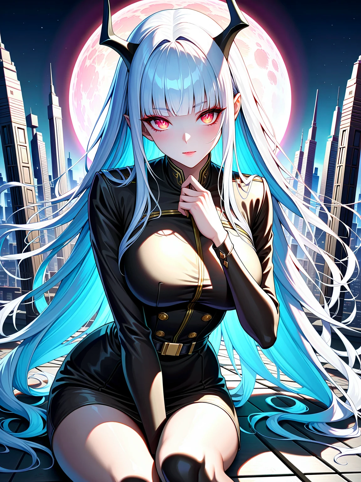 Masterpiece, very detailed, ultra detailed, one, (1 woman), she is in an ancient black military uniform, and in an elegant position, long hair, bright white hair, snow-white hair and straight bangs, white demonic horns, beautiful, charming, bright red eyes of reptiles, reptile red eyes, super neon eyes, bright eyes, elegant, large breasts, neutral face, cold face, charming, She has guns in her hands She has guns in her hands and she is stand against the background of a large moon and futuristic city and furnishings, valiant atmosphere.