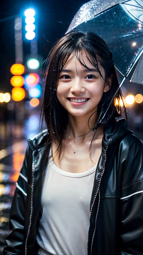 Wet roads ,drenched, Dripping, Wet Face,Wet clothes, Wet Skin, Wet Hair,A young woman with a cute face like a Japanese idol,Smile a little,Looking up at the rainy sky,chest,((Cinema lighting),(Natural light),(High level of artistry),(Artistic),(Quality indistinguishable from real life),RAW Photos,Genuine,Genuine,High resolution,RAW Photos,masterpiece, beautiful