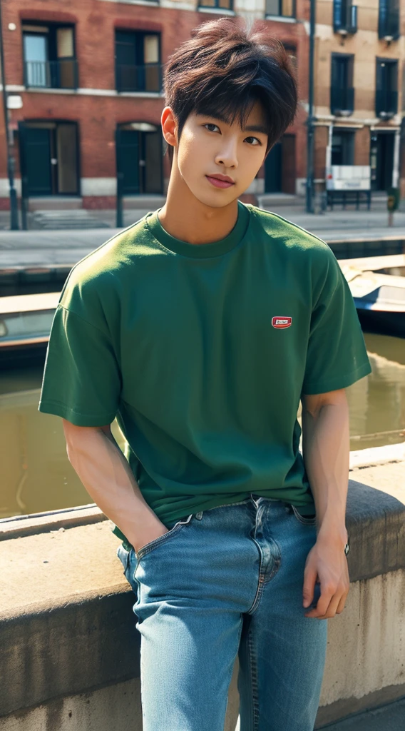 ((realistic daylight)) , Young Korean man in a green t-shirt Denim shirt, jeans, A handsome, muscular young Asian man looks at the camera. In a simple t-shirt blue and red , Along the canal ,turn sideways