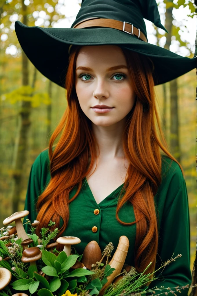 Ginger hair girl with green eyes, wearing a witch hat with mushrooms, flowers and nature